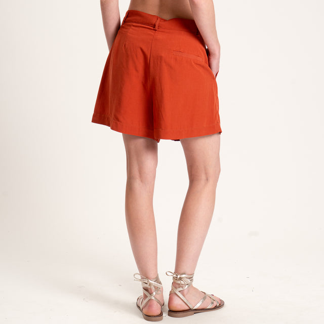 Dixie-Completo misto lino blusa scollo v e shorts - rust