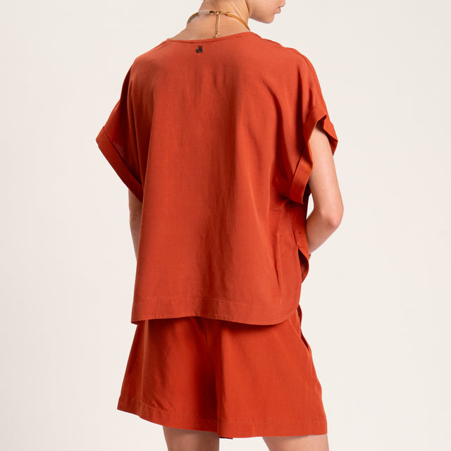 Dixie-Completo misto lino blusa scollo v e shorts - rust