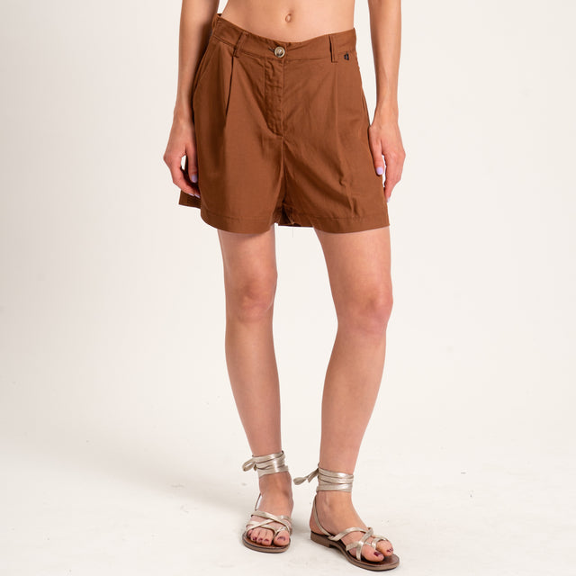 Dixie-Completo misto lino blusa scollo v e shorts - tabacco