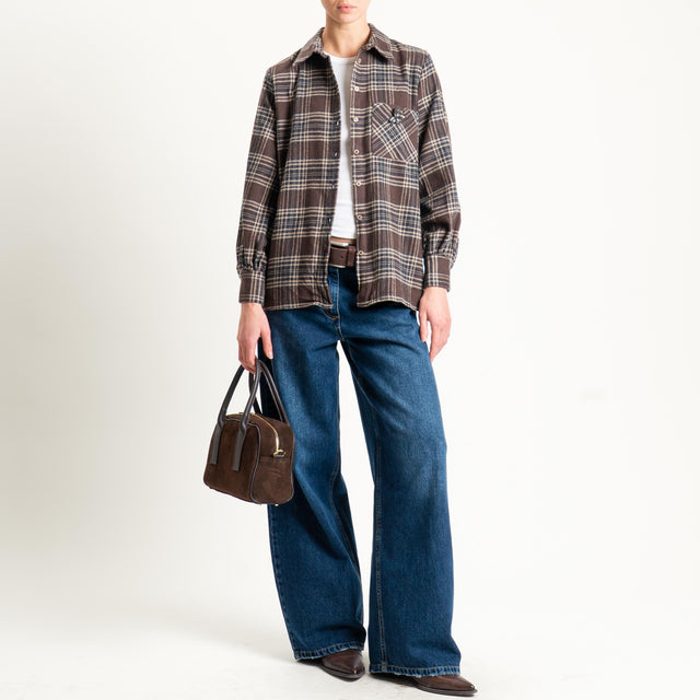 Dixie-Camicia check in flanella con spilla - moro/beige