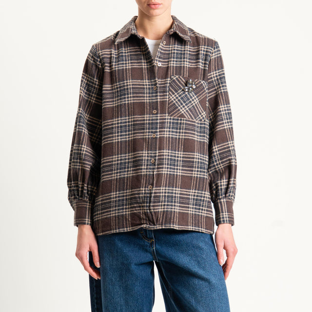 Dixie-Camicia check in flanella con spilla - moro/beige