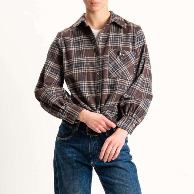 Dixie-Camicia quadri in flanella con spilla - moro/beige