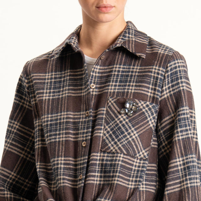 Dixie-Camicia quadri in flanella con spilla - moro/beige
