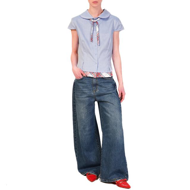 Dixie-Camicia smanicata doppio tessuto - celeste/latte/rosso