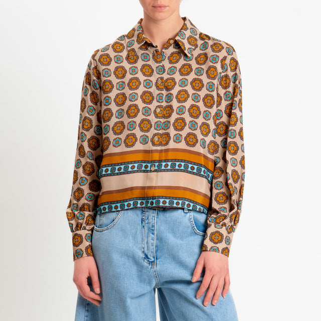 Dixie-Camicia fantasia geometrica - beige/cuoio/azzurro