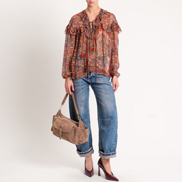 Dixie-Blusa georgette fantasia con rouches - ruggine/moro/ottanio