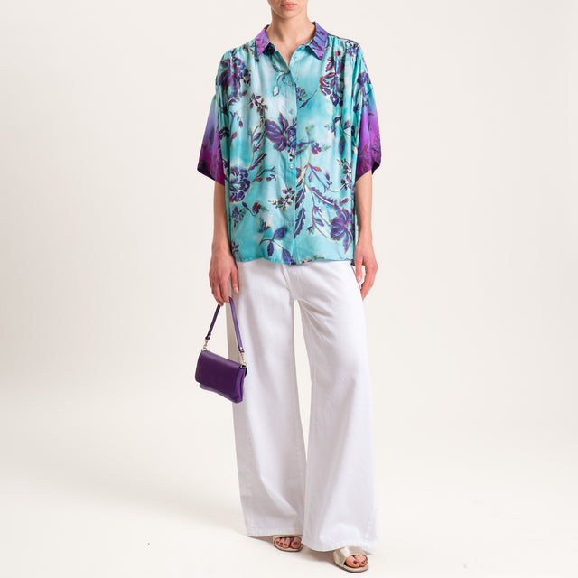 Dixie-Camicia satin fantasia floreale - turchese/malva