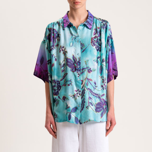 Dixie-Camicia satin fantasia floreale - turchese/malva