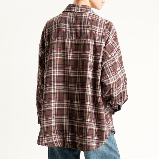 Dixie- Camicia check over in flanella - bordeaux/moro