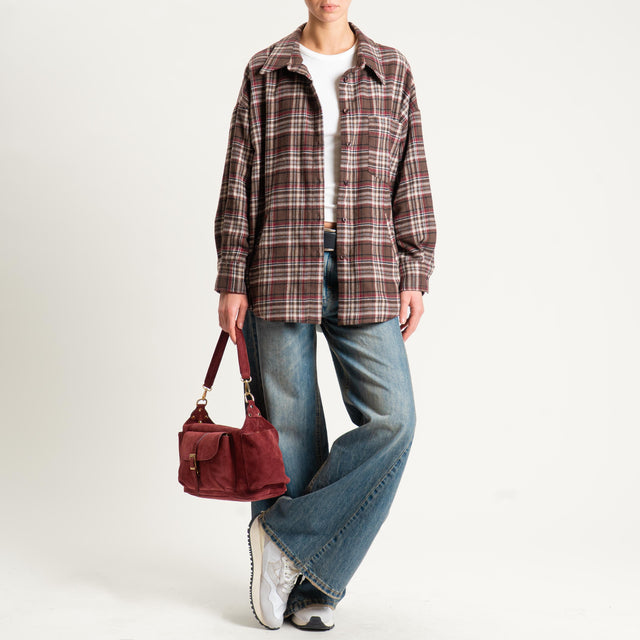 Dixie- Camicia check over in flanella - bordeaux/moro