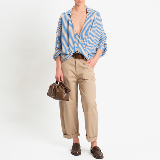Dixie-Camicia scollo a v a righe allacciatura incrociata - celeste/beige
