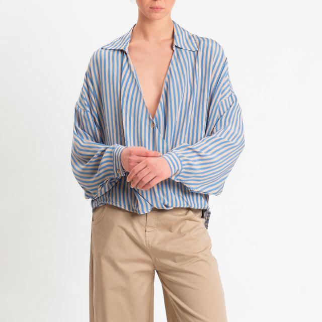 Dixie-Camicia scollo a v a righe allacciatura incrociata - celeste/beige