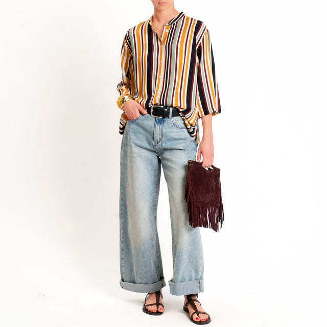 Dixie-Camicia righe collo coreana - senape/burro/vino