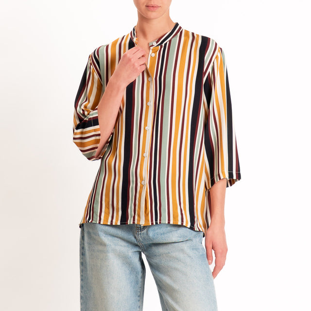 Dixie-Camicia righe collo coreana - senape/burro/vino