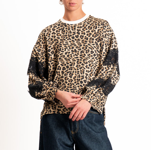 Dixie-Felpa animalier con pizzo - beige/nero