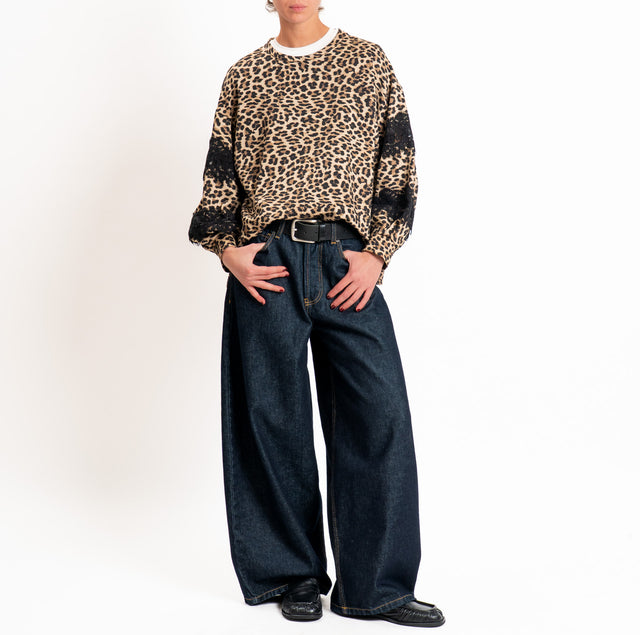 Dixie-Felpa animalier con pizzo - beige/nero