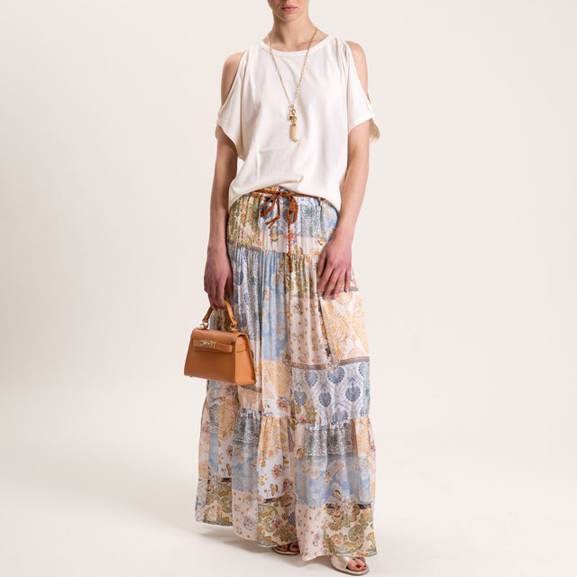Dixie-Gonna fantasia in georgette con balze elastico in vita - burro/senape/polvere
