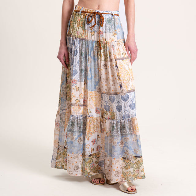 Dixie-Gonna fantasia in georgette con balze elastico in vita - burro/senape/polvere