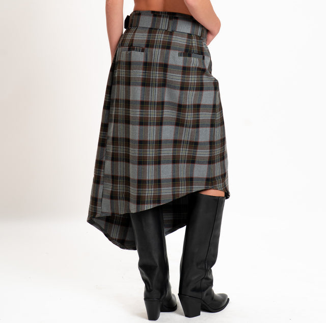Dixie-Checked skirt with belt - grey/dark brown