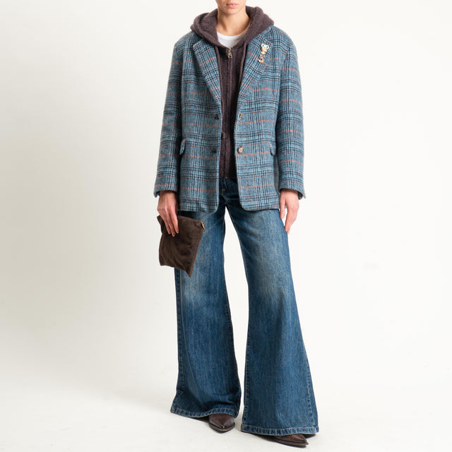 Dixie-Giacca check oversize in velour con spille - blu/azzurro/peach