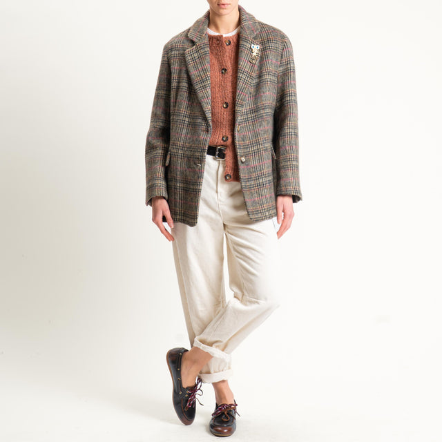 Dixie-Giacca check oversize in velour con spille - moro/sand/pink