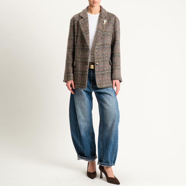 Dixie-Giacca check oversize in velour con spille - moro/sand/pink