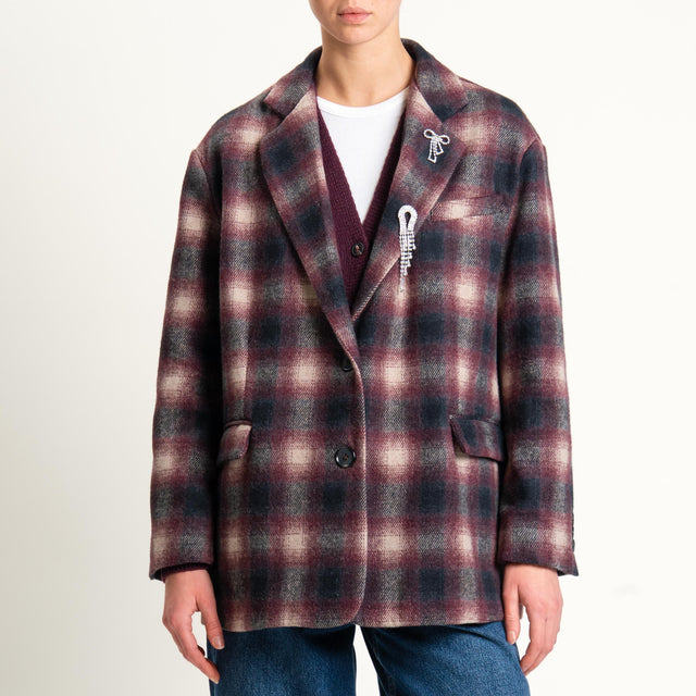 Dixie-Giacca over check in velour con spille - bordeaux/cipria/nero
