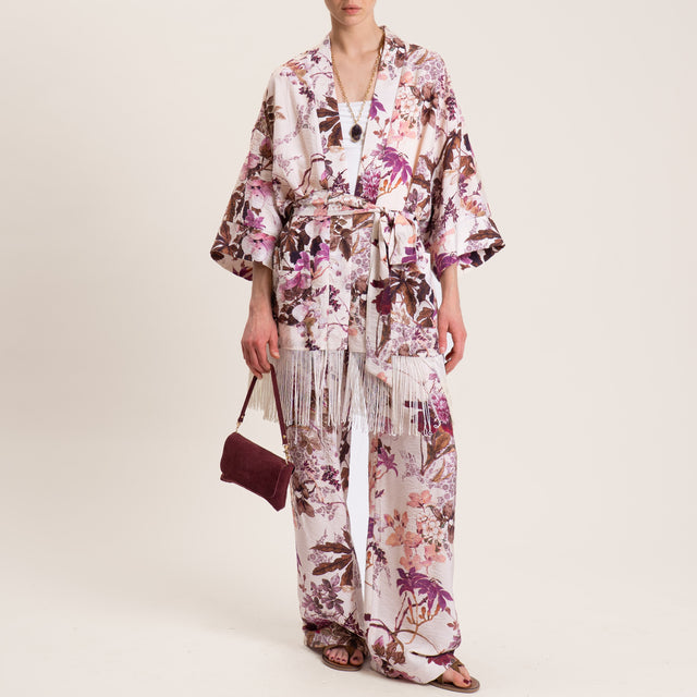 Dixie-Kimono viscosa goffrato fantasia floreale - cipria/moro/ciclamino
