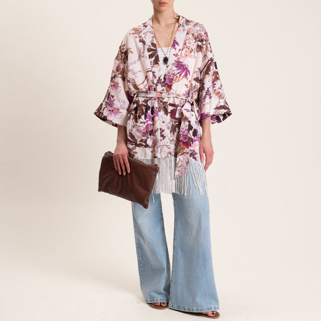 Dixie-Kimono viscosa goffrato fantasia floreale - cipria/moro/ciclamino
