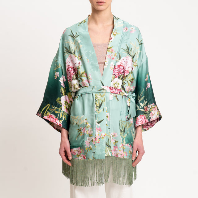 Dixie-Kimono fantasia floreale con frange - acqua/verde/rosa