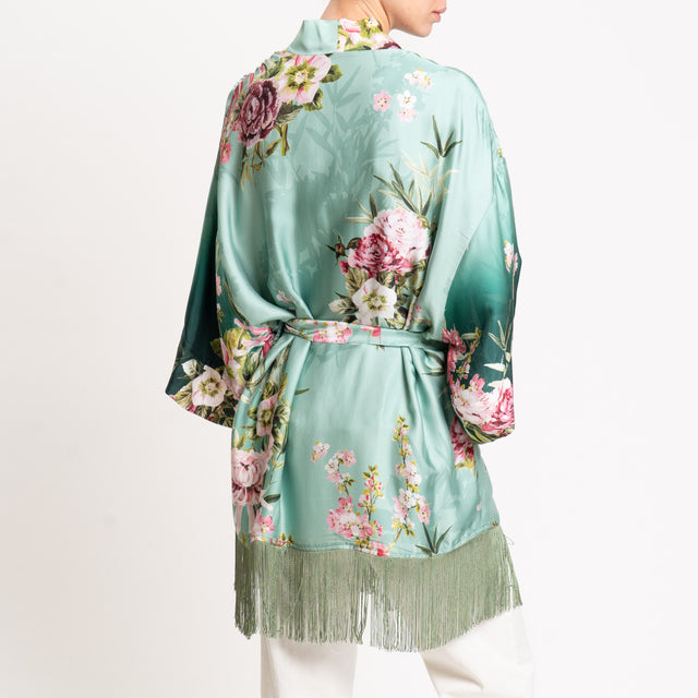Dixie-Kimono fantasia floreale con frange - acqua/verde/rosa