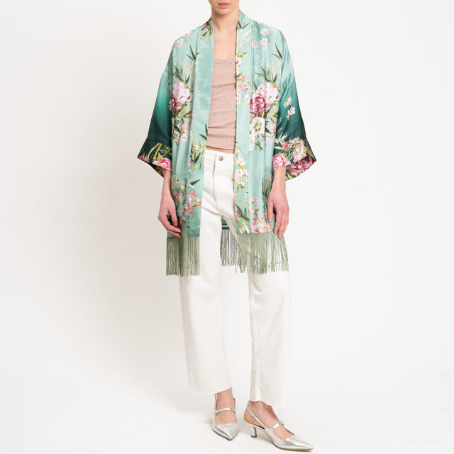 Dixie-Kimono fantasia floreale con frange - acqua/verde/rosa