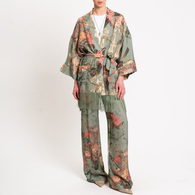 Dixie-Kimono fantasia floreale con frange - militare/olio/rosa
