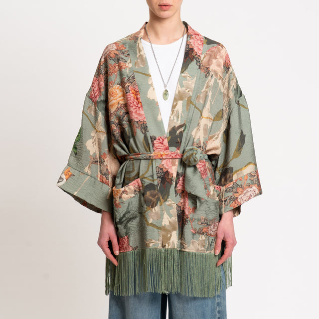 Dixie-Kimono fantasia floreale con frange - militare/olio/rosa