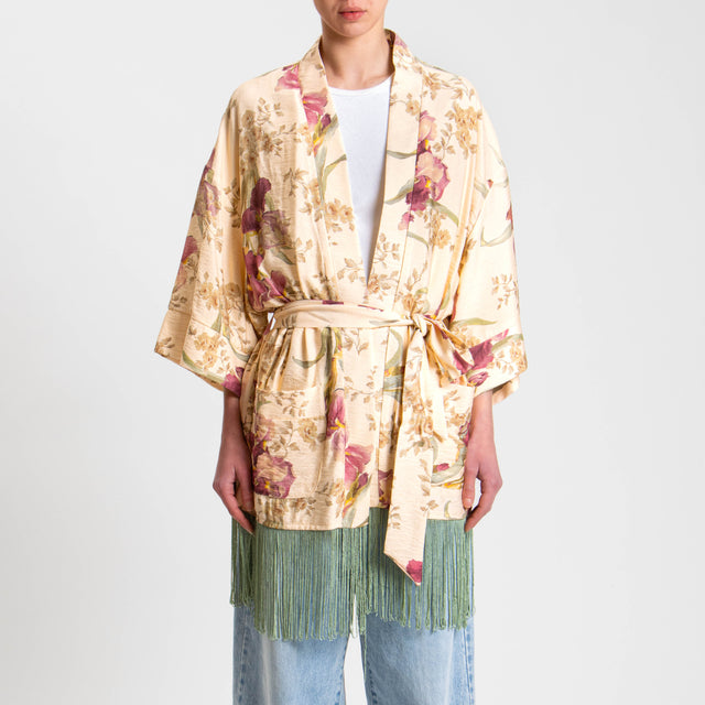 Dixie-Kimono frange fantasia floreale - nude/salvia/malva