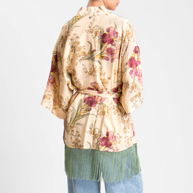 Dixie-Kimono frange fantasia floreale - nude/salvia/malva