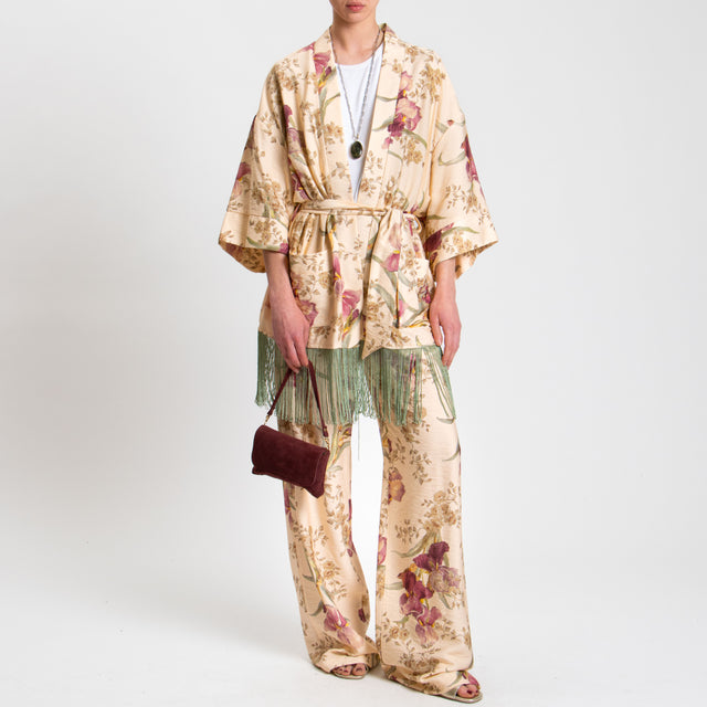 Dixie-Kimono frange fantasia floreale - nude/salvia/malva
