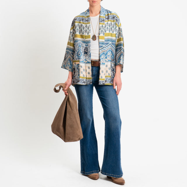 Dixie-Kimono fantasia in satin con tasche - cielo/olio/burro