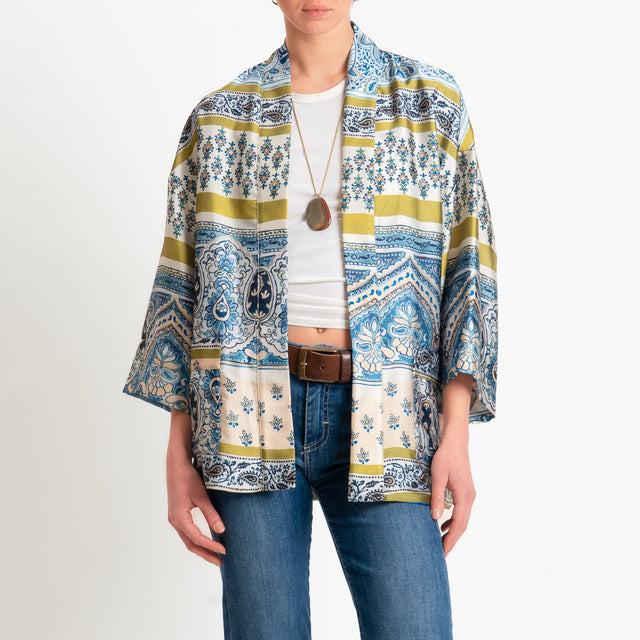 Dixie-Kimono fantasia in satin con tasche - cielo/olio/burro