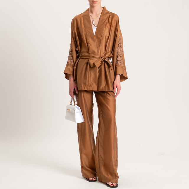 Dixie-Completo kimono e pantalone in mussola lyocell - cognac