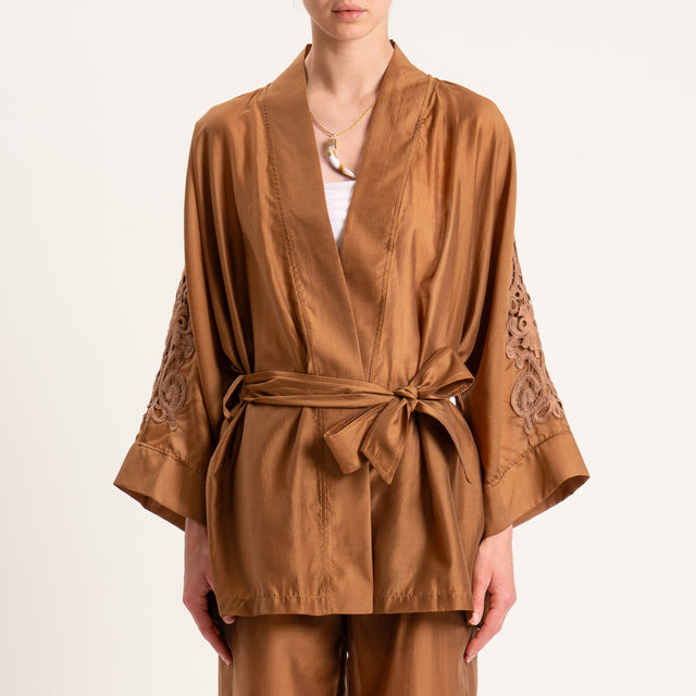 Dixie-Completo kimono e pantalone in mussola lyocell - cognac