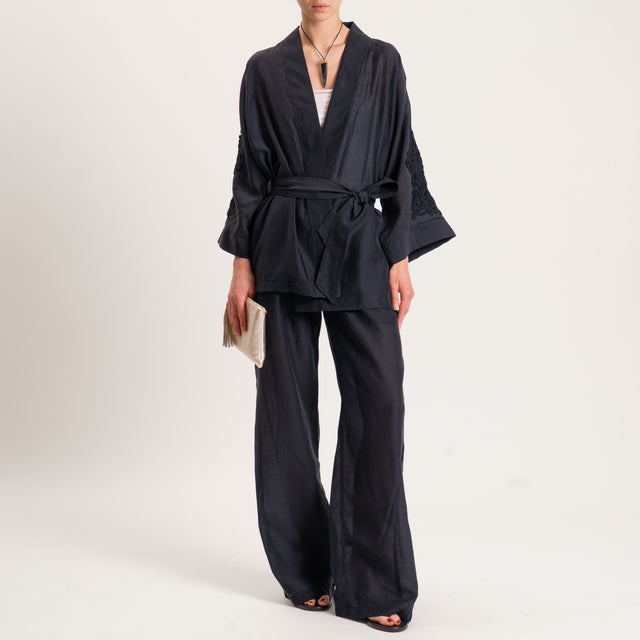 Dixie-Completo kimono e pantalone in mussola lyocell - Nero