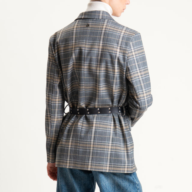 Dixie-Giacca check doppiopetto con cintura e spille - grigio/nero