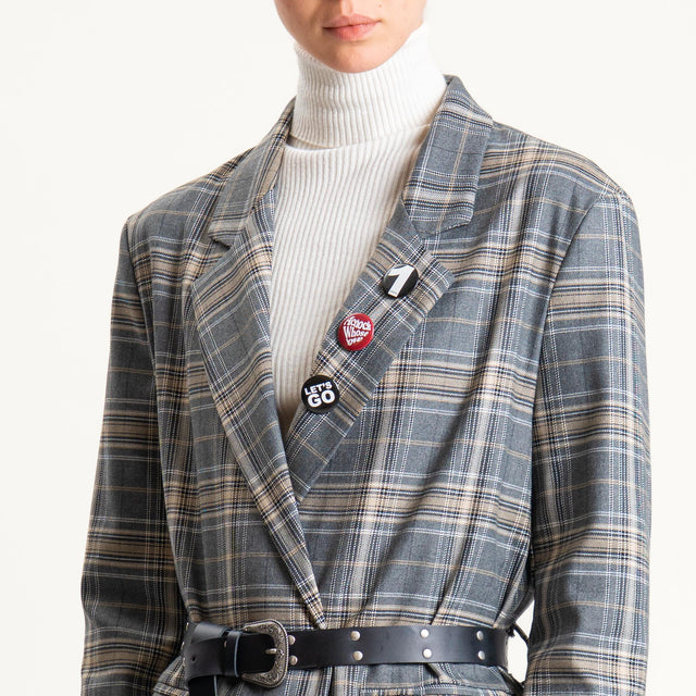 Dixie-Giacca check doppiopetto con cintura e spille - grigio/nero