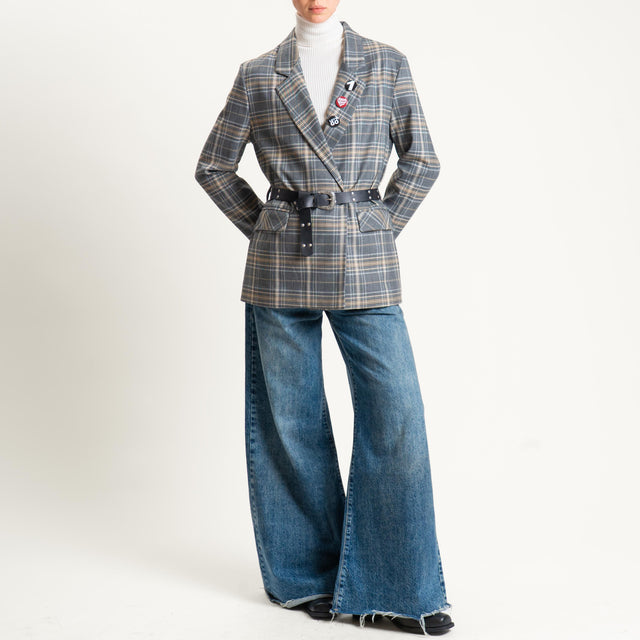 Dixie-Giacca check doppiopetto con cintura e spille - grigio/nero