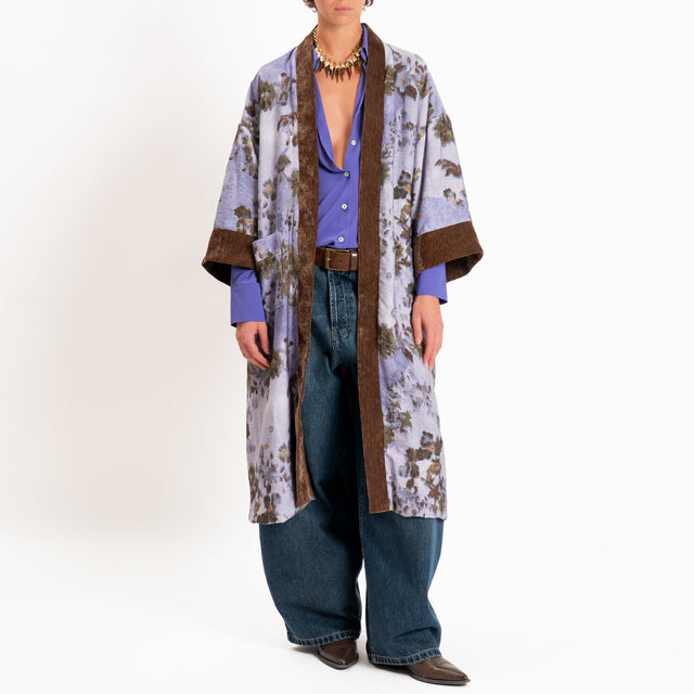 Dixie-Kimono lungo fantasia floreale - celeste/moro