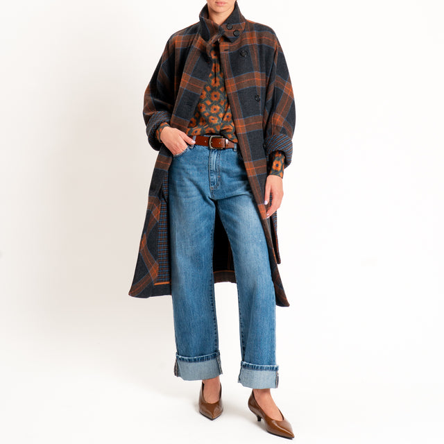 Dixie-Cappotto check misto lana con cintura - grigio/cuoio/arancio