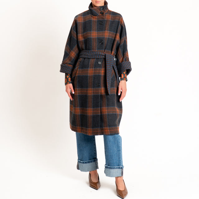 Dixie-Cappotto check misto lana con cintura - grigio/cuoio/arancio