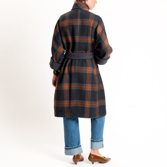 Dixie-Cappotto check misto lana con cintura - grigio/cuoio/arancio