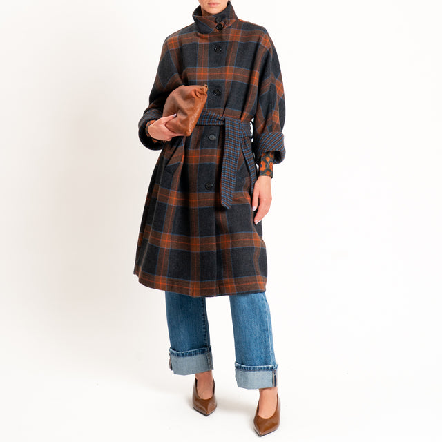 Dixie-Cappotto check misto lana con cintura - grigio/cuoio/arancio